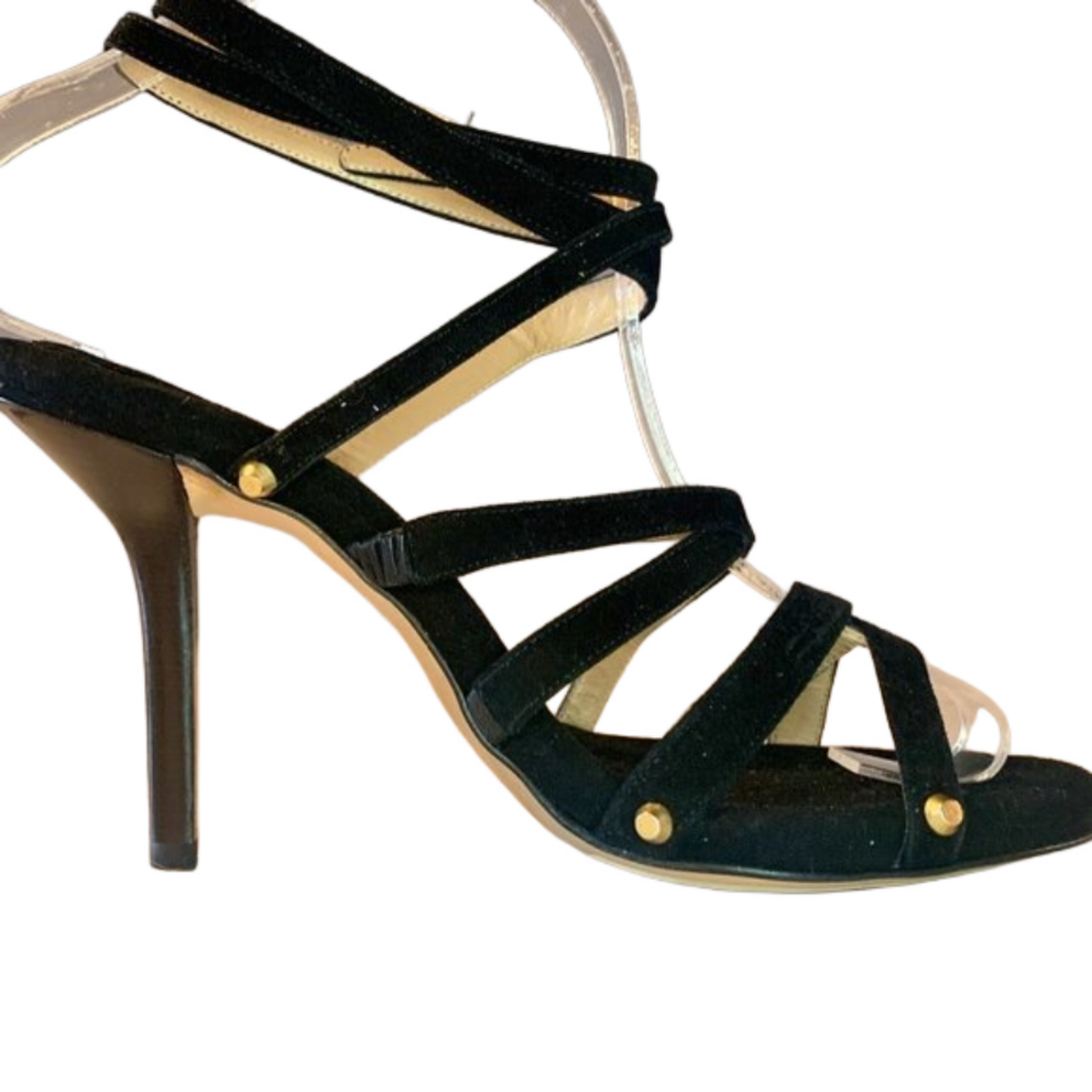 Donna Karan Multi Strap Suede Black Heel Gold Stud Details Womens Size 7.5